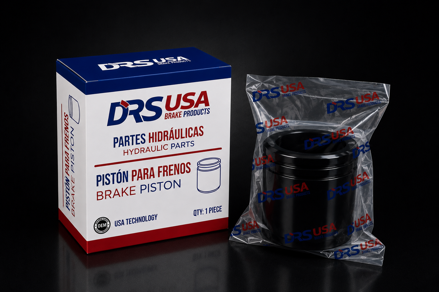 Caja blanca y azul con texto DRS USA Brake Products y detalles en rojo con un pistón para frenos dentro de una bolsa de plástico transparente con logotipos DRS USA impresos.