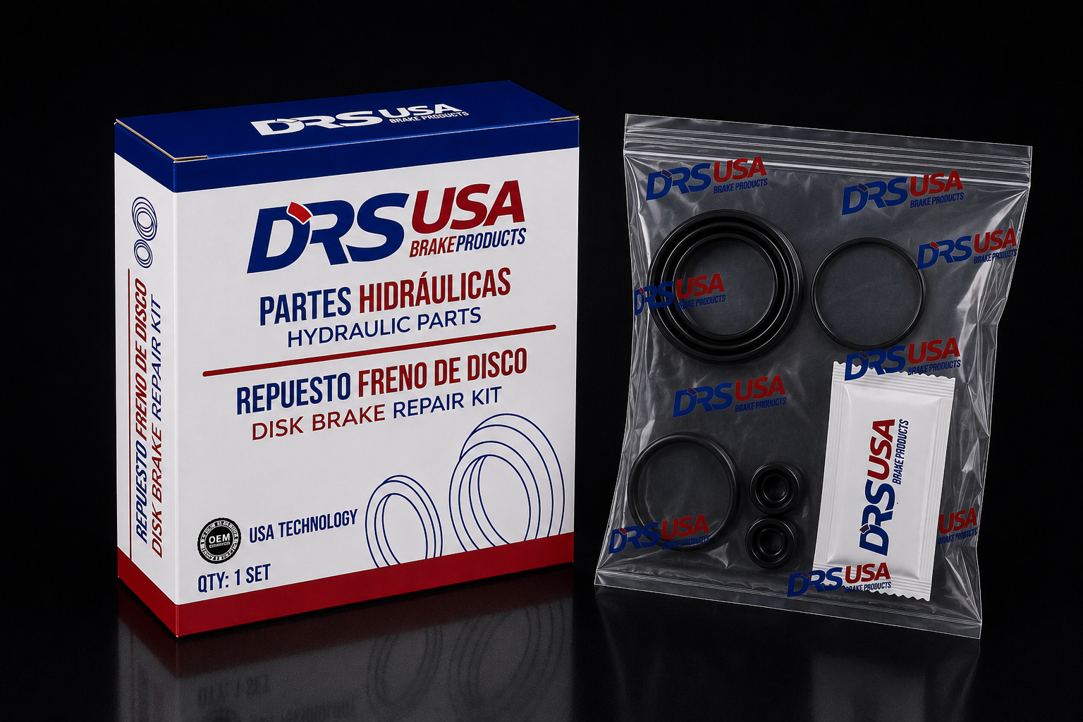 Caja de repuesto para freno de disco hidráulico de DRS USA junto a un paquete transparente con juntas negras y un sobre de lubricante.