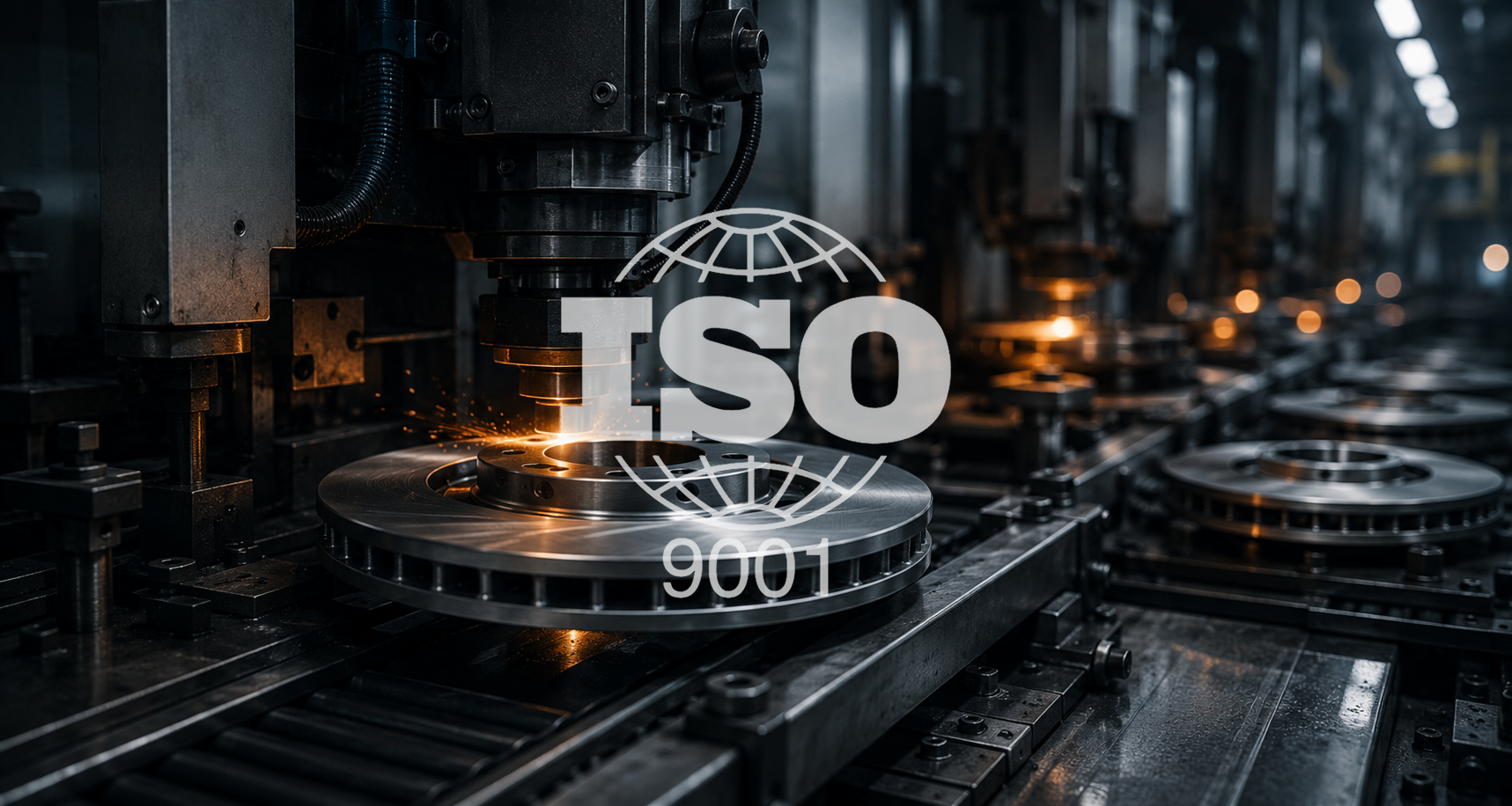 Máquina industrial automática que mecaniza piezas metálicas circulares mientras sueltan chispas en una fábrica con iluminación tenue, con el texto ISO 9001 superpuesto.