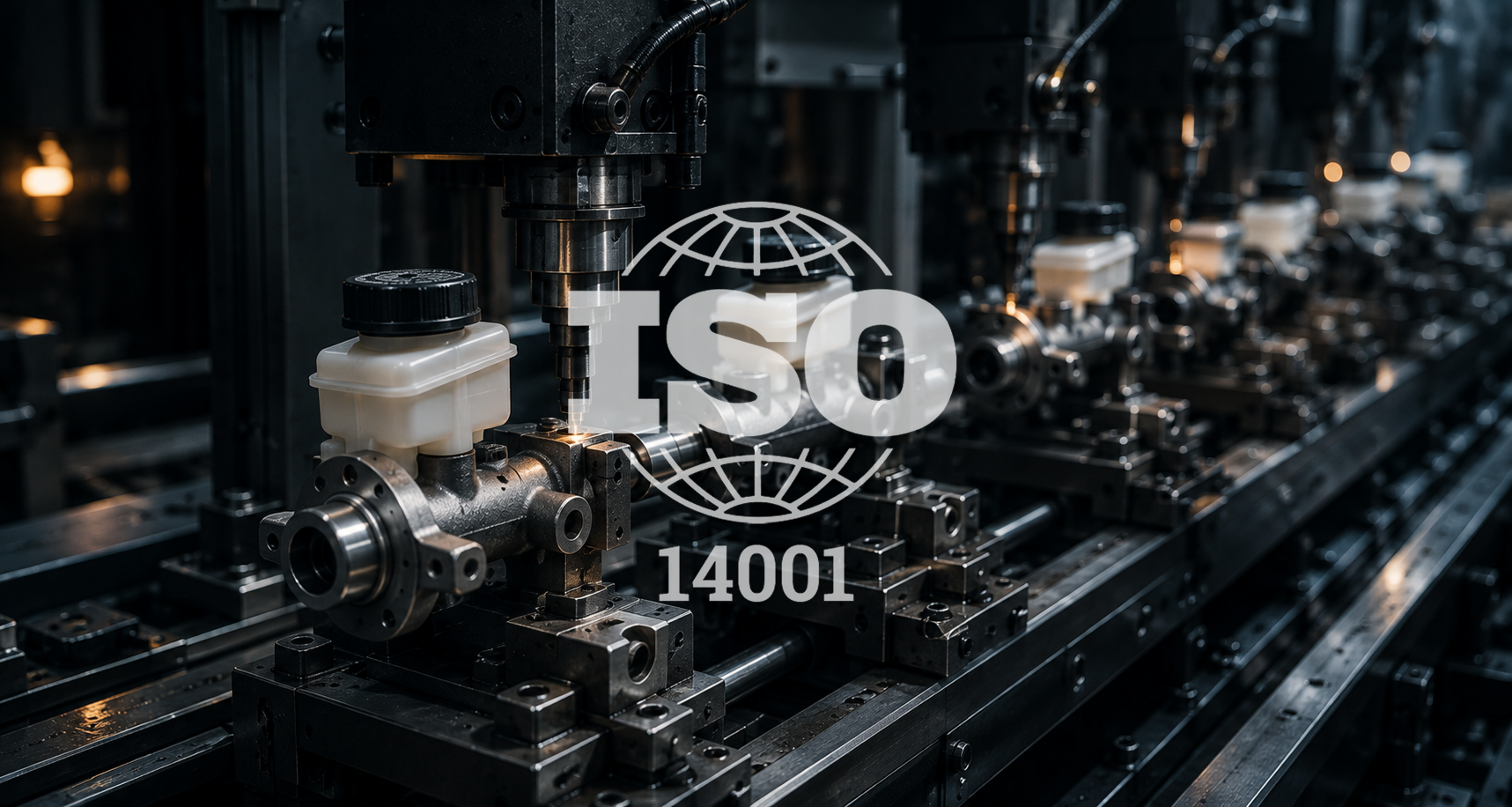 Máquinas industriales automatizadas trabajando en precisión con componentes metálicos alineados en una fila dentro de una fábrica oscura y moderna, con el logo ISO 14001 superpuesto en el centro.