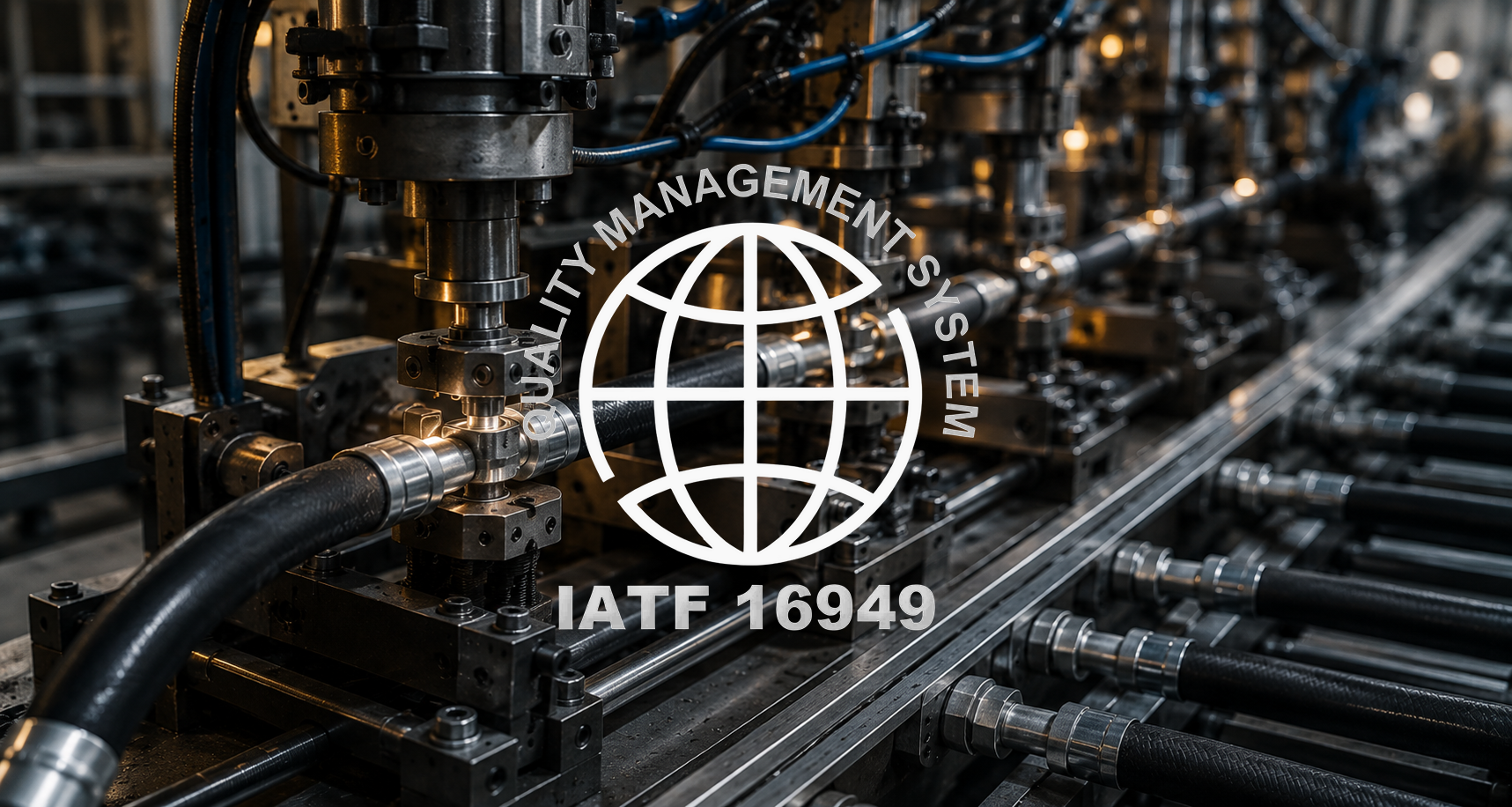 Máquina industrial conectando manguitos negros con conectores metálicos en una línea de producción, con el logo de sistema de gestión de calidad IATF 16949 sobreimpreso.