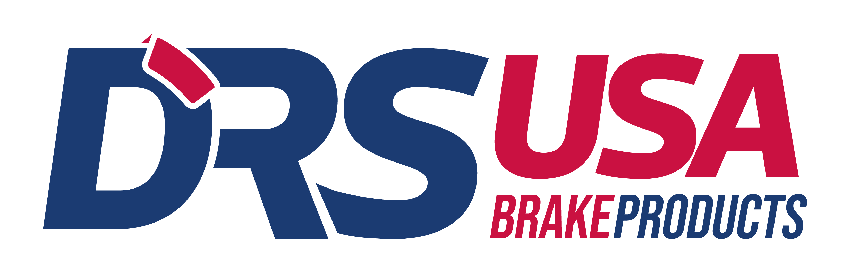 Logotipo de DRS USA Brake Products con las letras DRS en azul y USA en rojo, y debajo las palabras Brake Products en rojo y azul.
