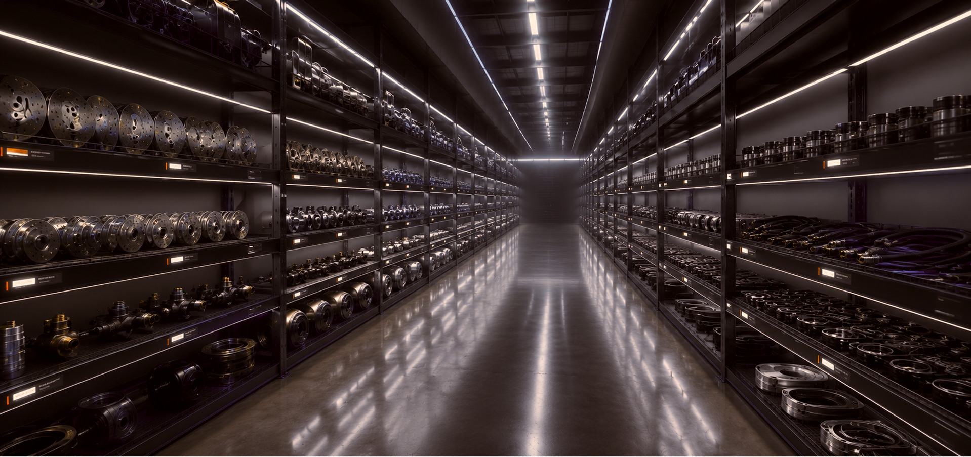 Pasillo largo y estrecho en un almacén industrial con estanterías metálicas a ambos lados que contienen piezas metálicas organizadas en filas, iluminadas por luces lineales en el techo y las estanterías.