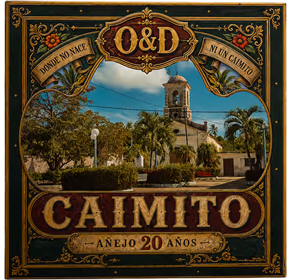 Etiqueta decorativa con la iglesia y palmeras en Caimito, con texto destacando 20 años de añejamiento.