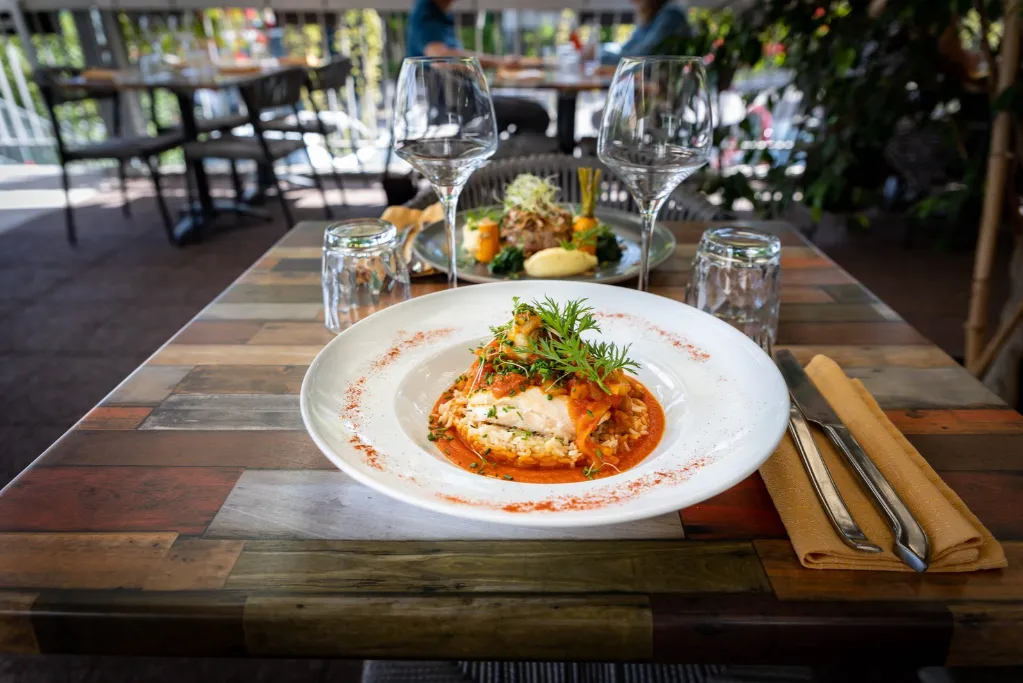Plato de pescado servido en la terraza del restaurante del hotel de 3 estrellas en Illkirch, cerca de Estrasburgo