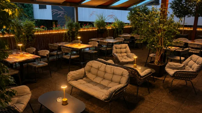 Terrasse lounge illuminée le soir à l'hôtel, point de départ pour les marchés de Noël de Strasbourg