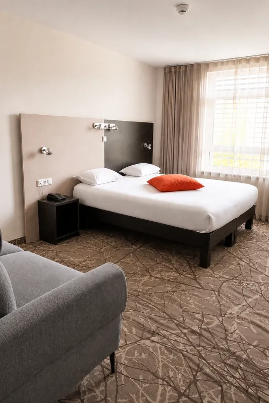 Chambre double avec tête de lit bicolore, fauteuil gris et table de chevet, baignée de lumière naturelle