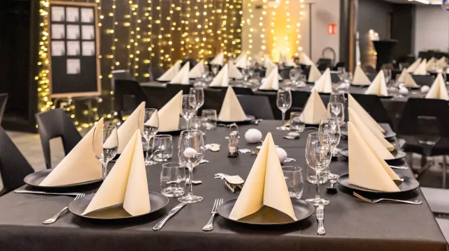 Rideau de lumières et plan de table derrière des couverts dressés avec serviettes crème pour une soirée privée à l'Hôtel d'Alsace