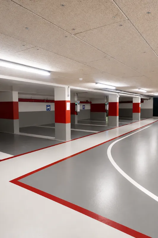 Parking souterrain sécurisé aux piliers rouges avec bornes de recharge pour véhicules électriques à l'Hôtel d'Alsace
