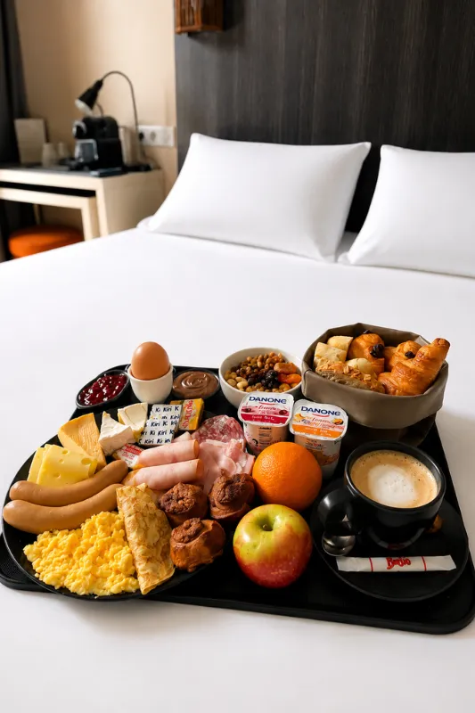 Plateau de petit-déjeuner au lit vu de face, avec pommes, jus et viennoiseries, à l'hôtel à Illkirch près de Strasbourg