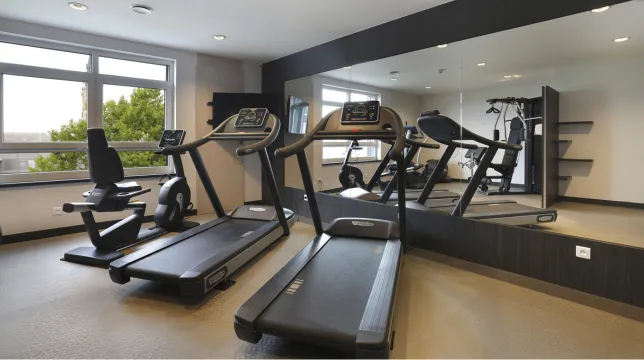 Tapis de course, vélo et grand miroir dans la salle de fitness ouverte 24h/24 de l'Hôtel d'Alsace