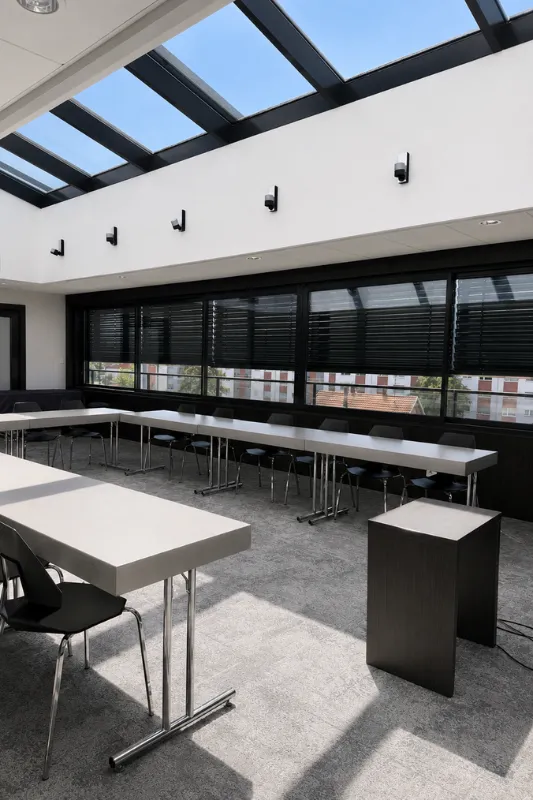 Salle de séminaire baignée de lumière zénithale avec stores baissés et pupitre d'orateur à l'Hôtel d'Alsace
