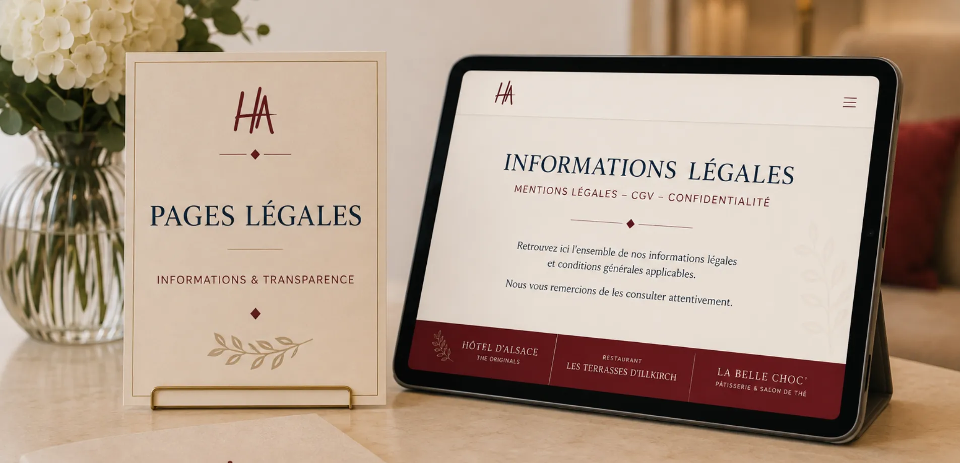 Tablette affichant les mentions légales, CGV et règles de confidentialité de l'Hôtel d'Alsace
