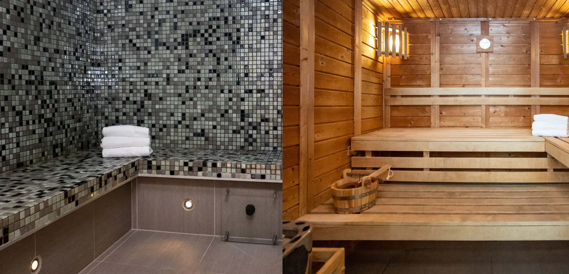 Banquettes en bois clair, seau et louche dans le sauna chaleureux de l'Hôtel d'Alsace