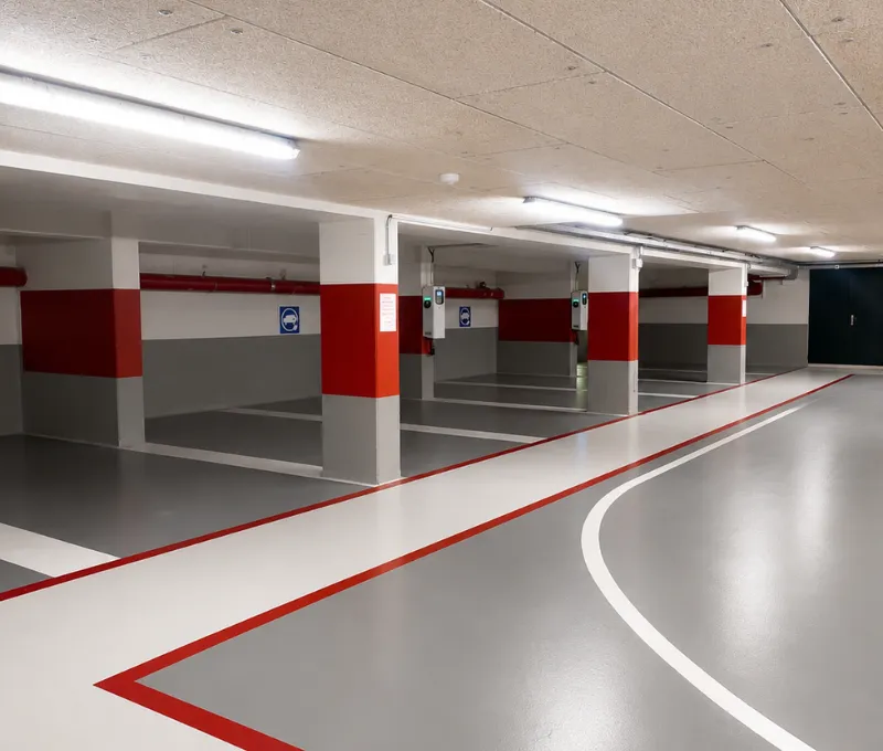 Allée du parking souterrain de l'hôtel accessible aux personnes à mobilité réduite, près de Strasbourg