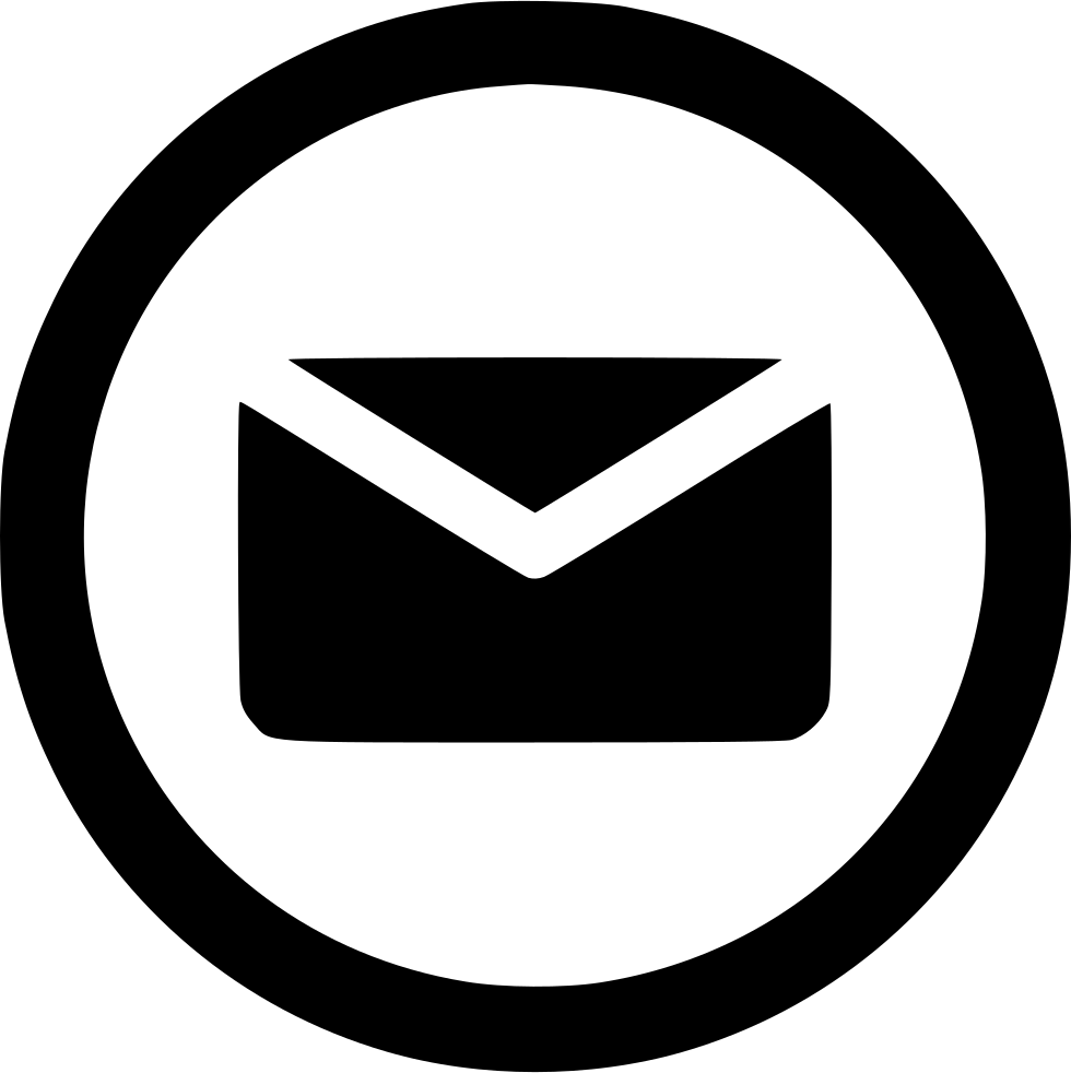 Black envelope icon inside a black circle on a white background representing email or message.