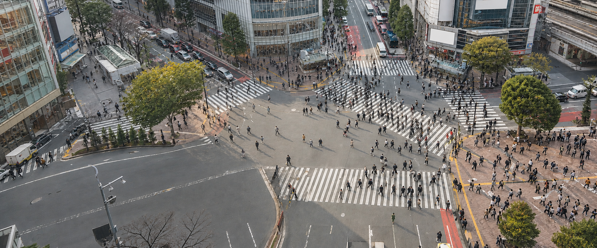 Elevated view of pedestrians crossing Shibuya intersection in daylight