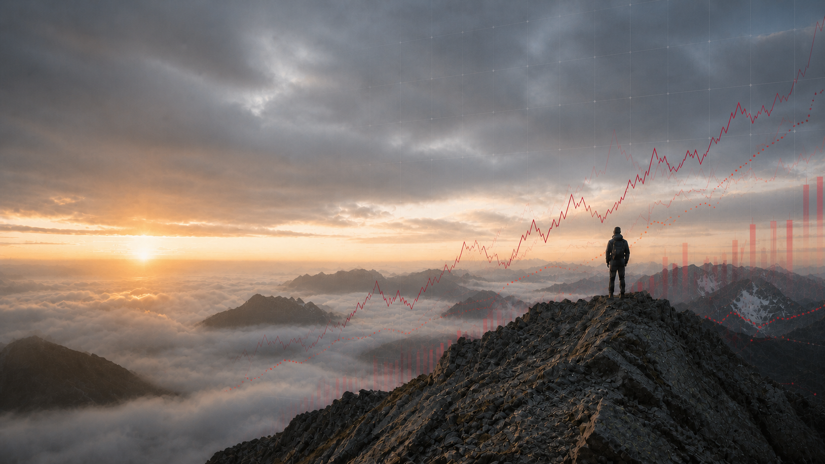 Hiker overlooking a mountain range with red analytical risk graphs