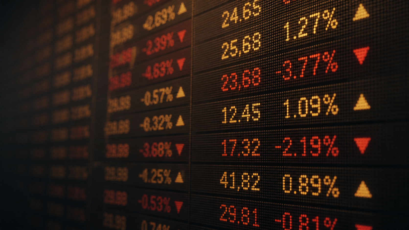 Digital market board displaying financial figures and percentage movements