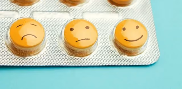image showing three yellow pills with sad, neutral, and happy faces.