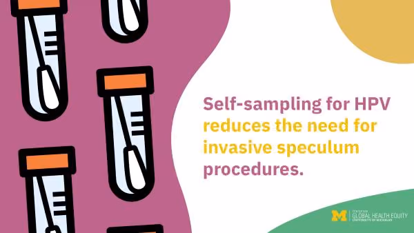 Graphic of self swab testing kits for HPV with text: Self-sampling for HPV reduces the need for invasive speculum procedures.