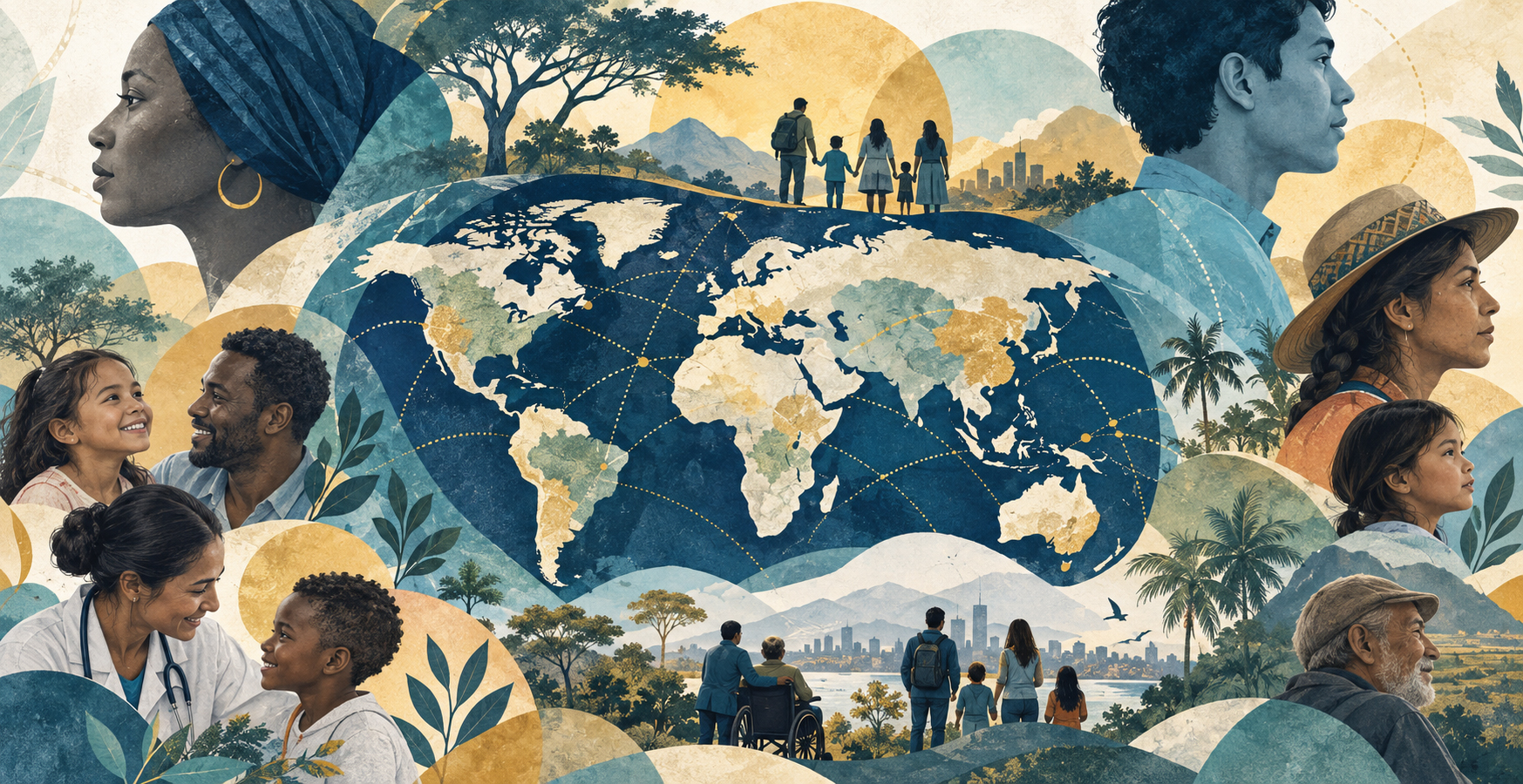 a graphic illustration depicting a diverse group of people in different international settings