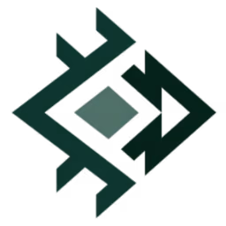 Abstract geometric symbol with intersecting dark green and gray shapes.