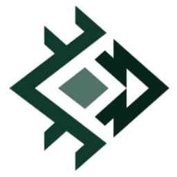 Abstract geometric symbol with intersecting dark green and gray shapes.