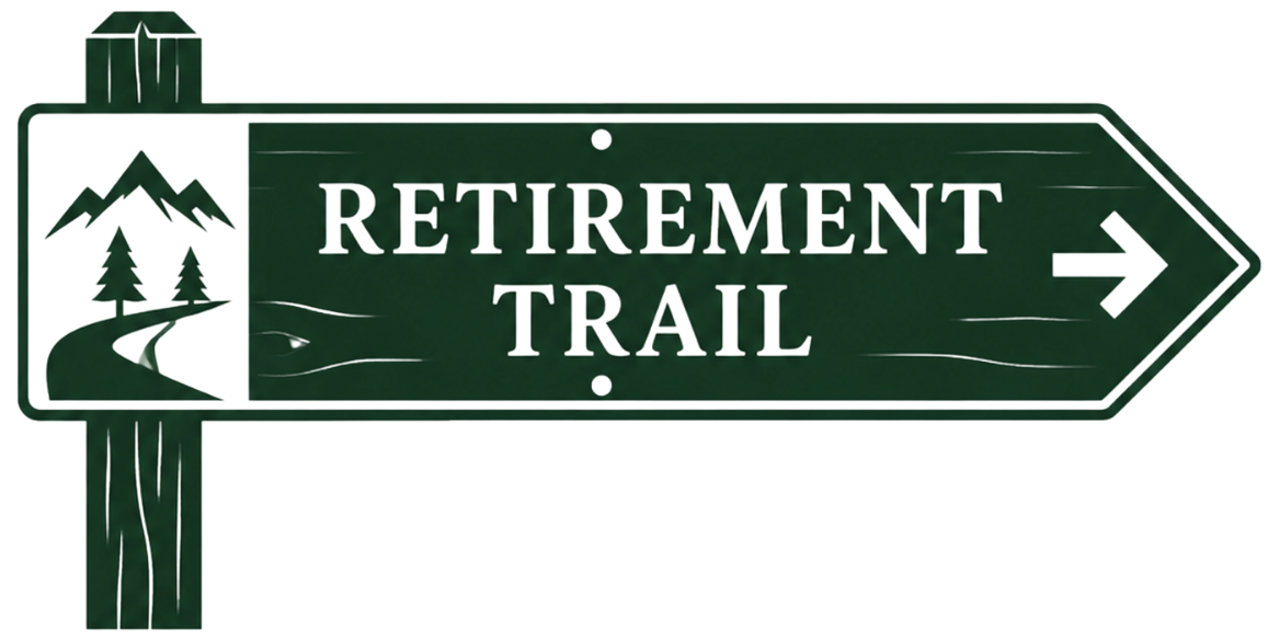 Wooden signpost with arrow pointing right and text Retirement Trail with mountain and tree icons.