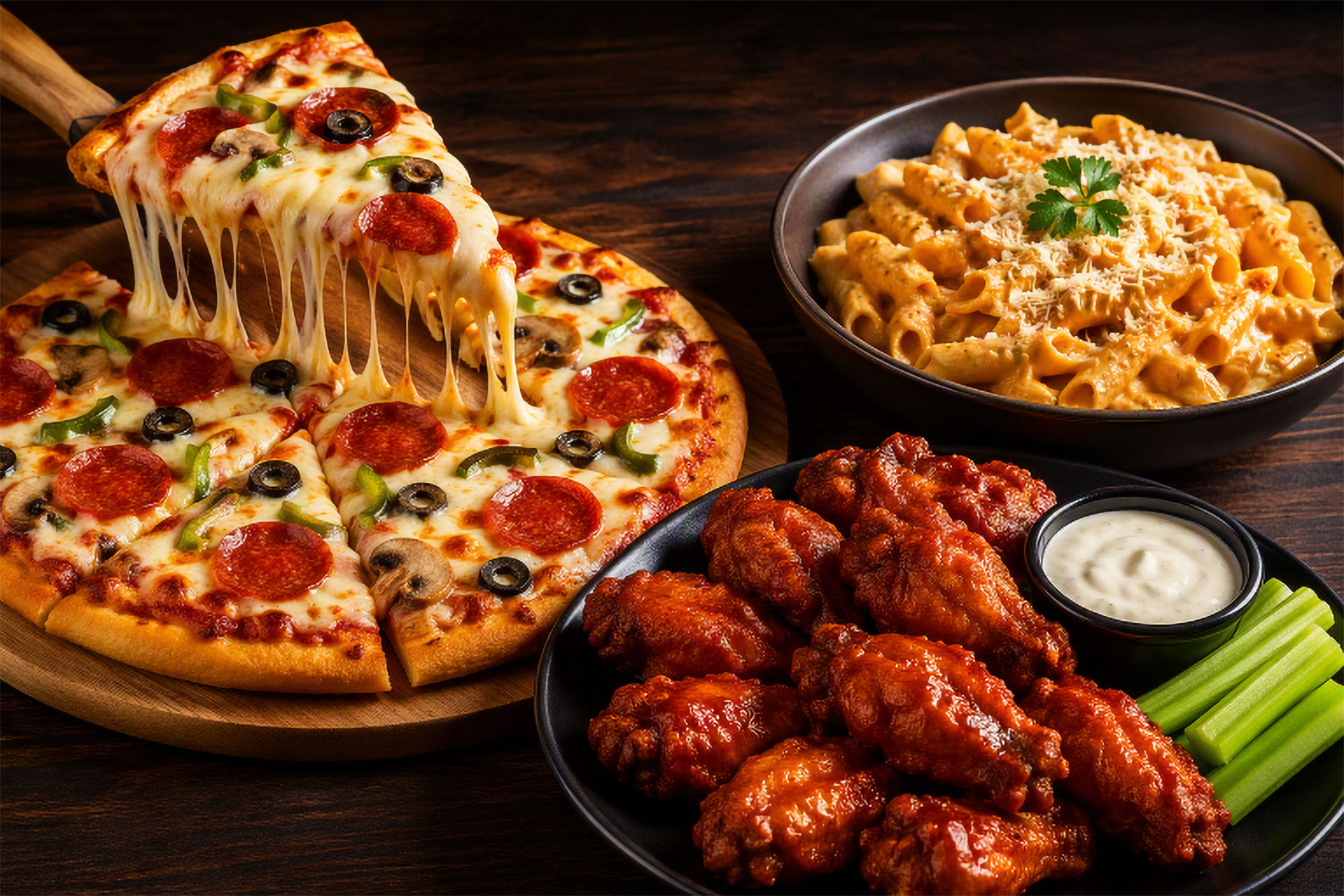 Pepperoni pizza slice being lifted with melted cheese, spicy wings with celery and dip, creamy pasta with garnish.