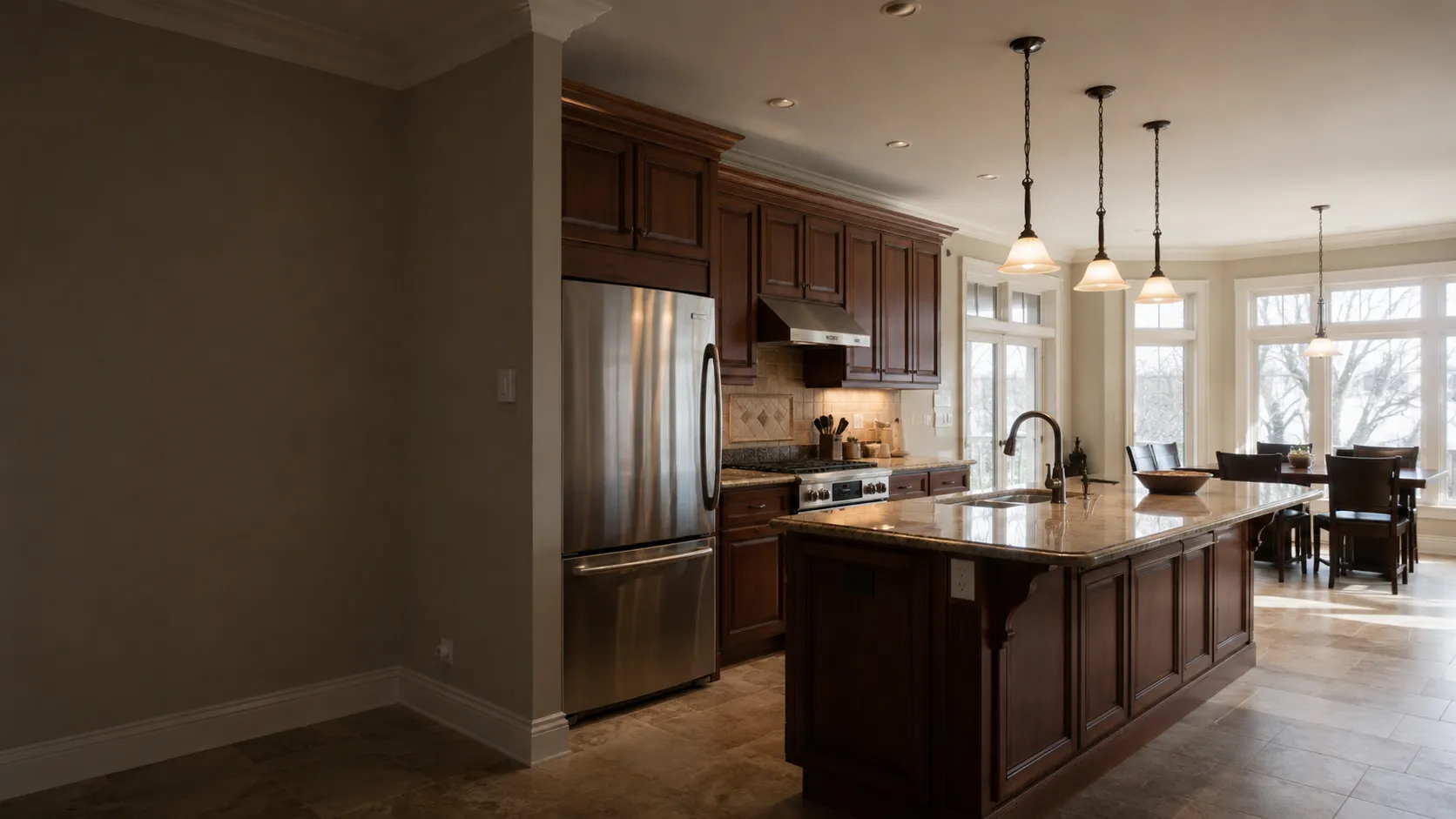 Original outdated kitchen before renovation, dark wood cabinetry