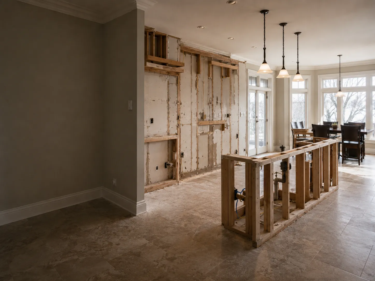 Kitchen stripped to studs during renovation