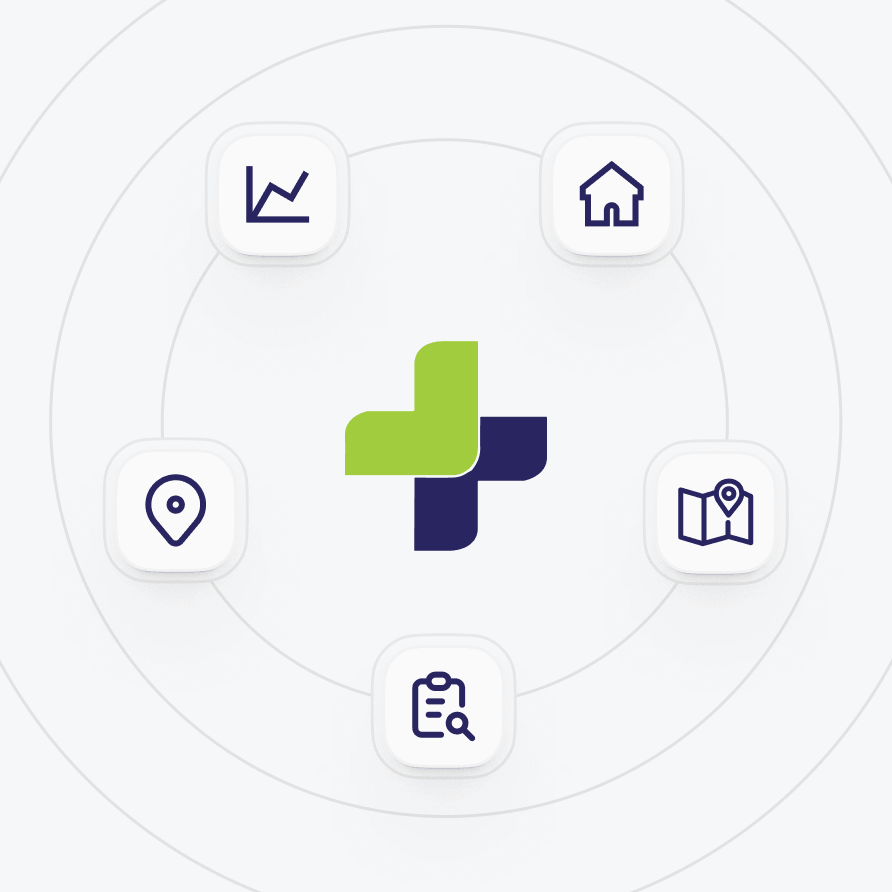 A central green and navy blue plus sign surrounded by five square icons: a line graph, a house, a location pin, a map with a location marker, and a checklist with a magnifying glass, arranged in a circular pattern on a light background with concentric circles.