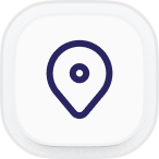 Dark blue location pin icon centered on a white rounded square button with subtle shadow.