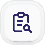 Icon of a clipboard with lines and a magnifying glass in front of it, representing search or review on a white rounded square background.