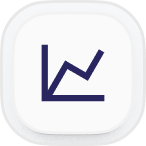 Icon of a dark blue line graph with an upward trend on a rounded white square background.