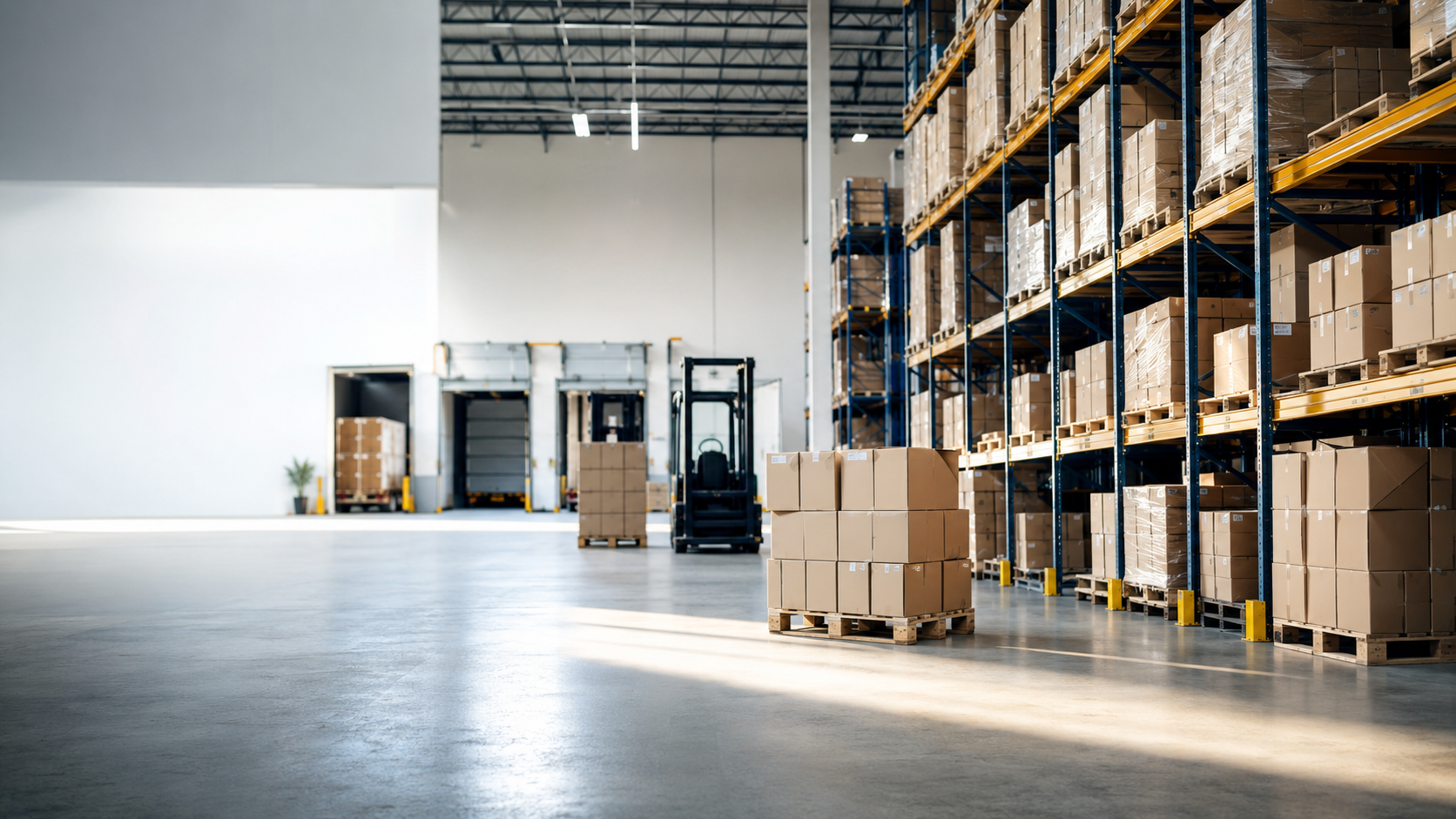 Wholesale warehouse with stocked racks, pallets, and forklifts