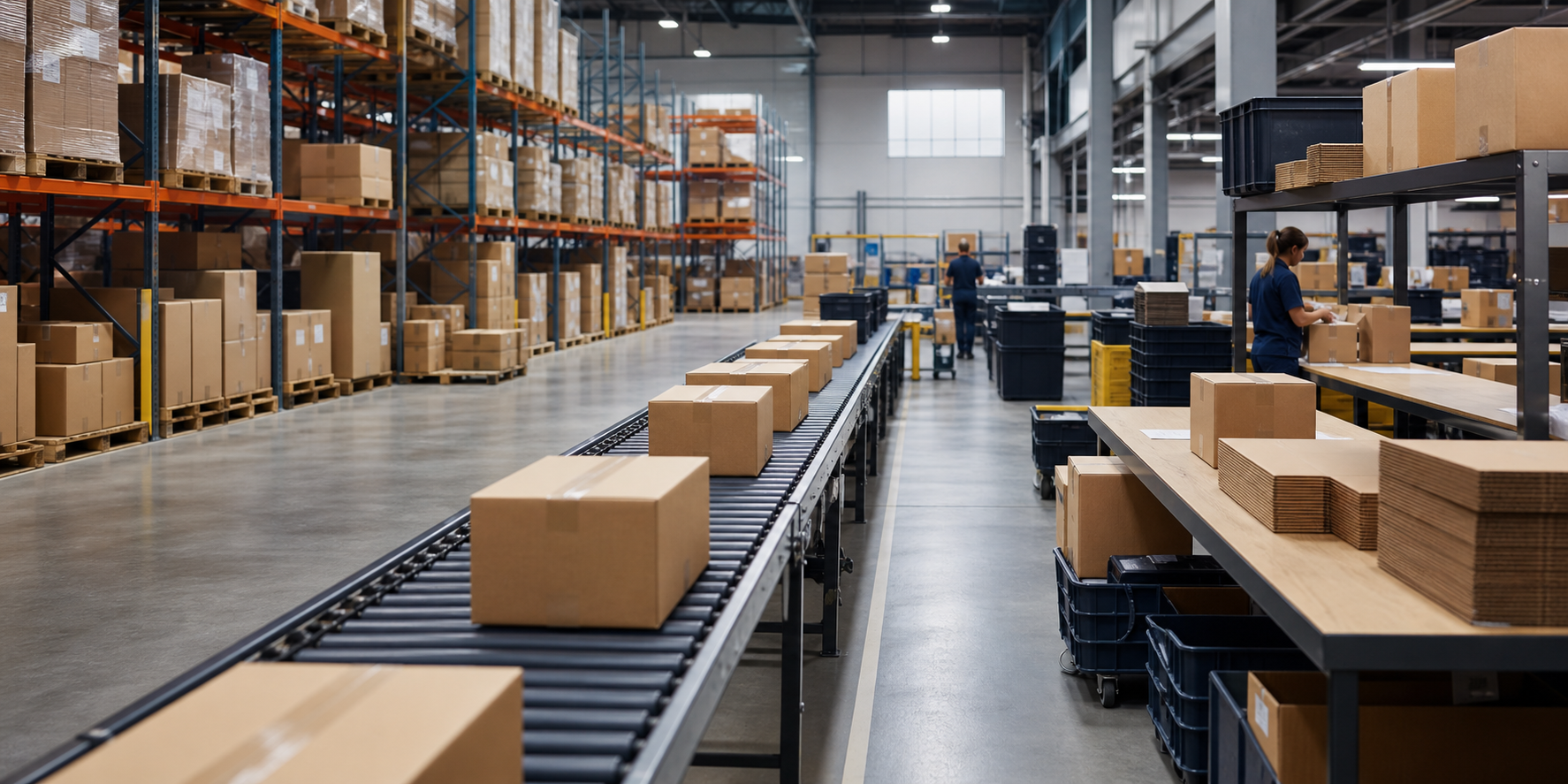 Organized e-commerce warehouse fulfillment operation with inventory, packing stations, and outbound parcels