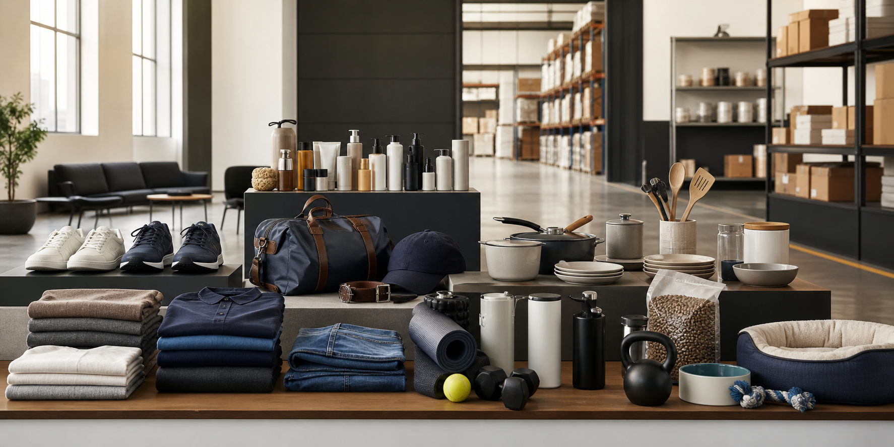 Unbranded footwear, apparel, sporting goods, home goods, personal care, and pet products arranged in a wholesale showroom