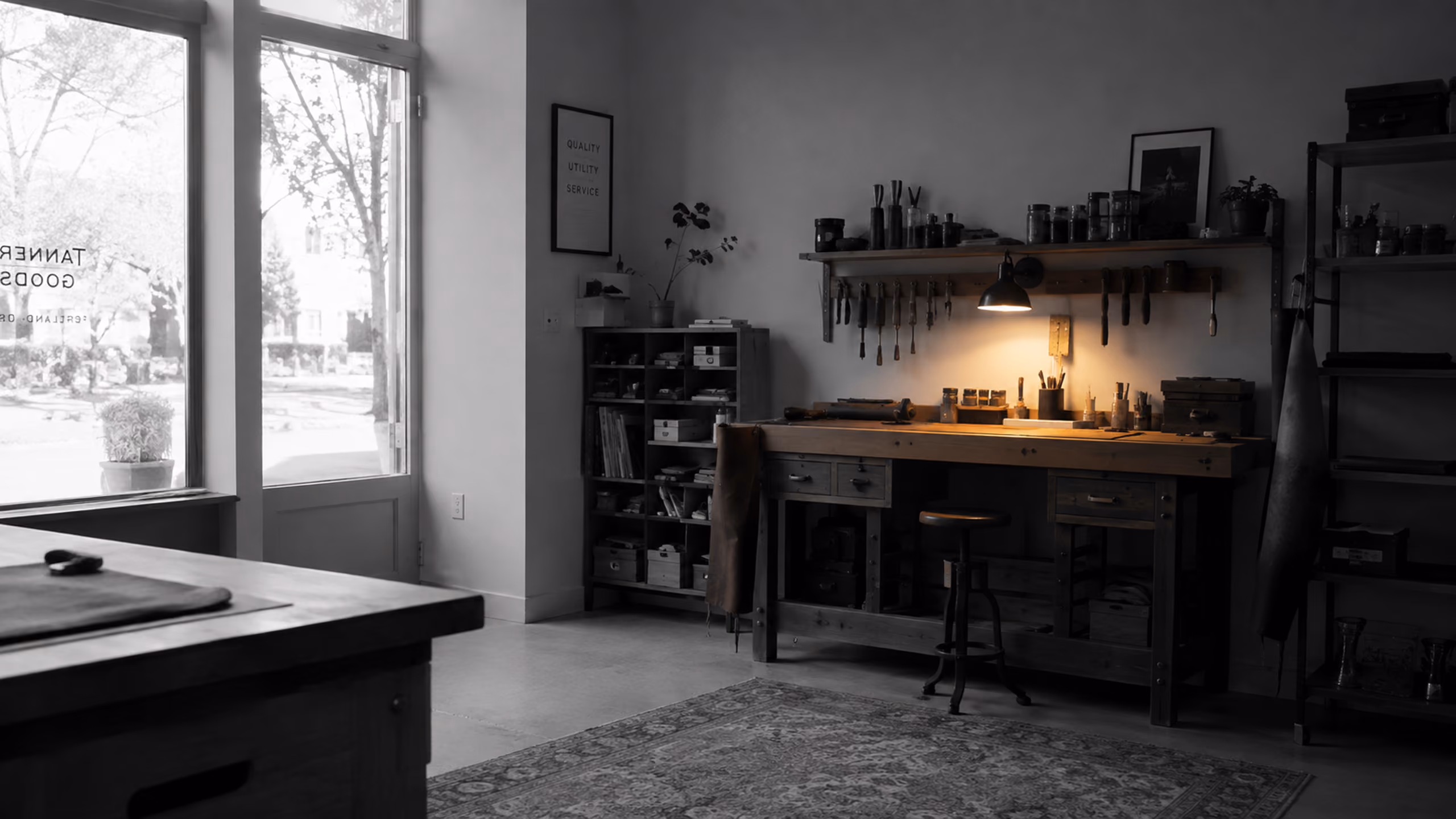 Independent maker workshop with a warmly lit workbench.