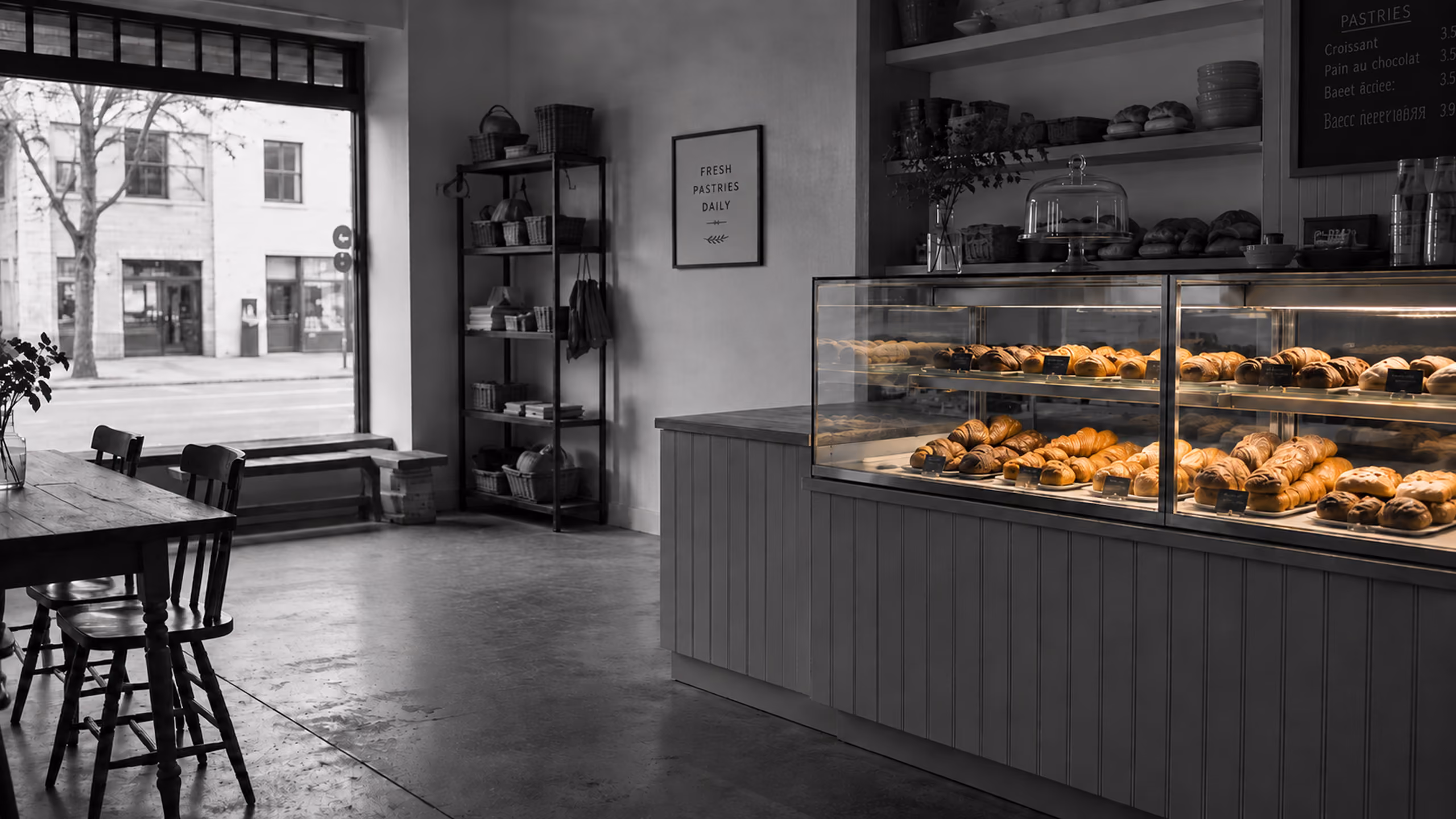 Neighborhood bakery with pastries illuminated inside a glass display case.
