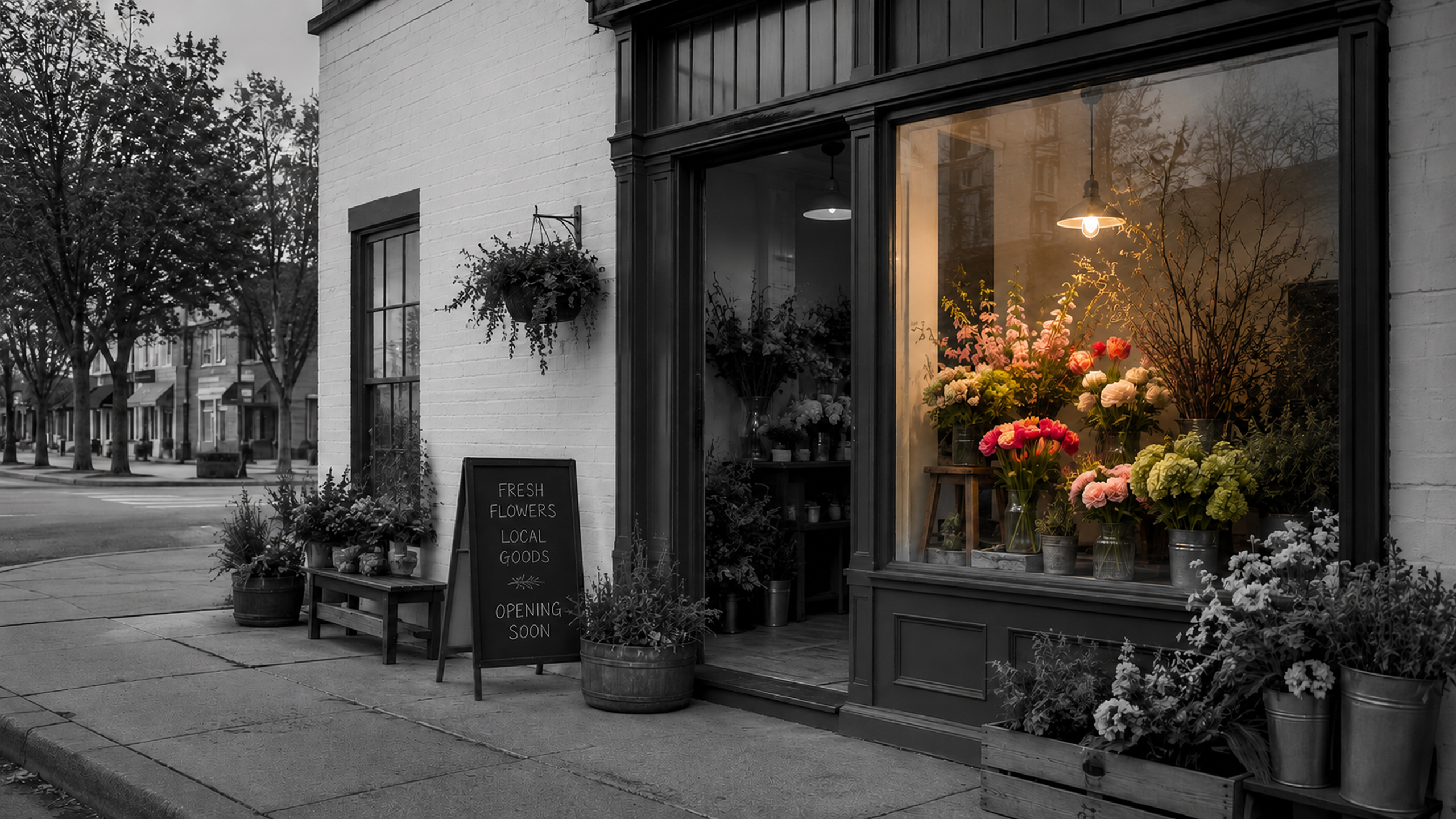 Independent flower shop with a warmly lit floral window display.