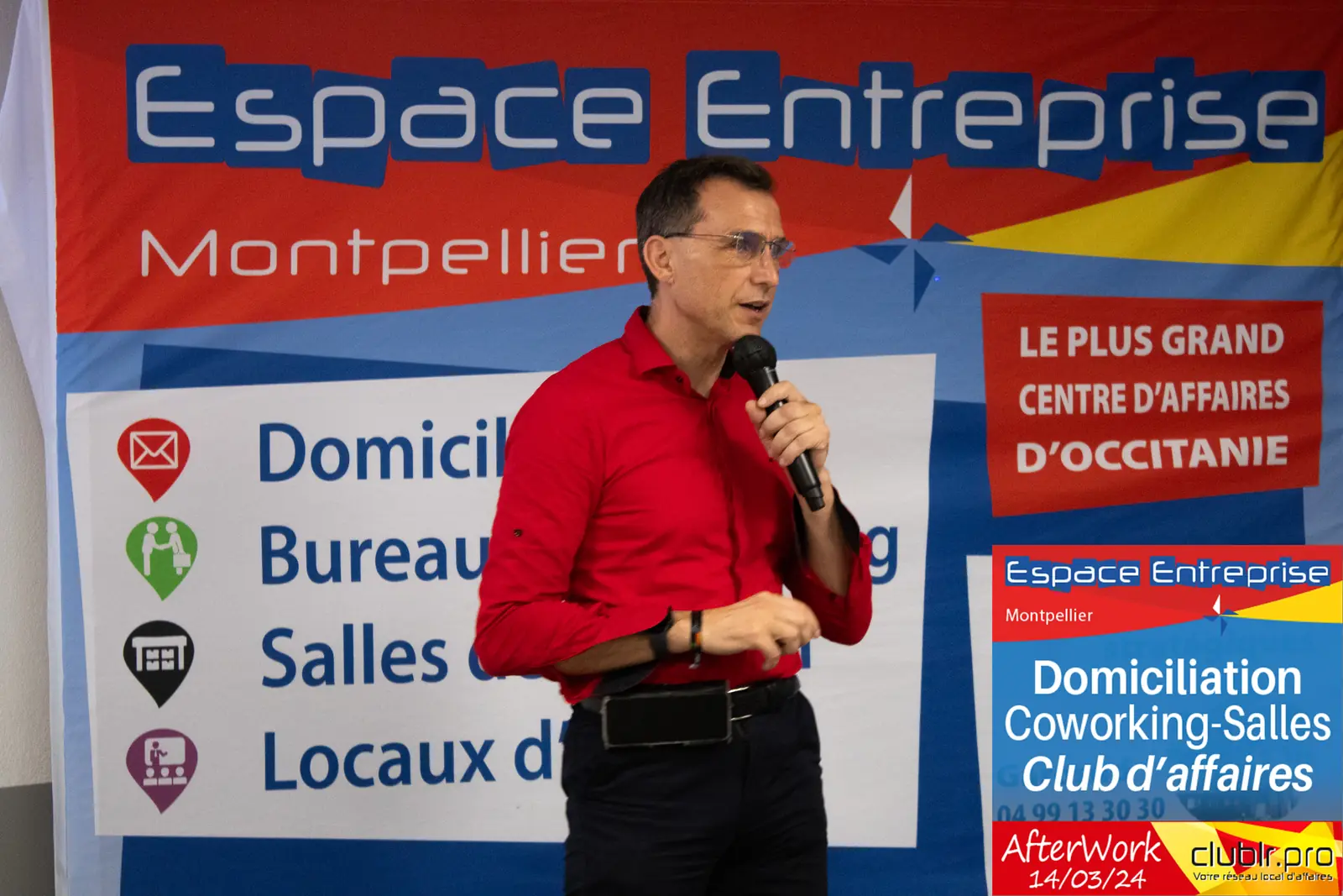 Afterwork Pitch Elevator Club LR mars 2024 à Montpellier : pitcheur au micro devant les participants