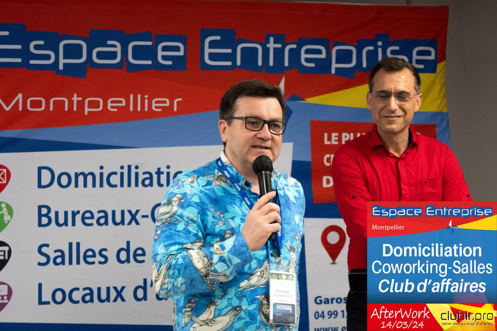 Afterwork Pitch Elevator Club LR mars 2024 à Montpellier : entrepreneur au micro avec l'animateur pendant son pitch