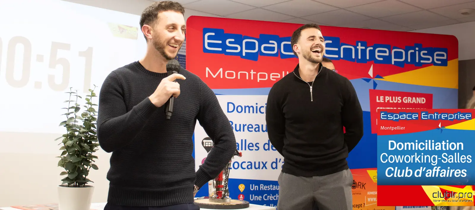 Afterwork Pitch Elevator Club LR février 2026 à Montpellier : entrepreneur au micro avec l'animateur pendant son pitch