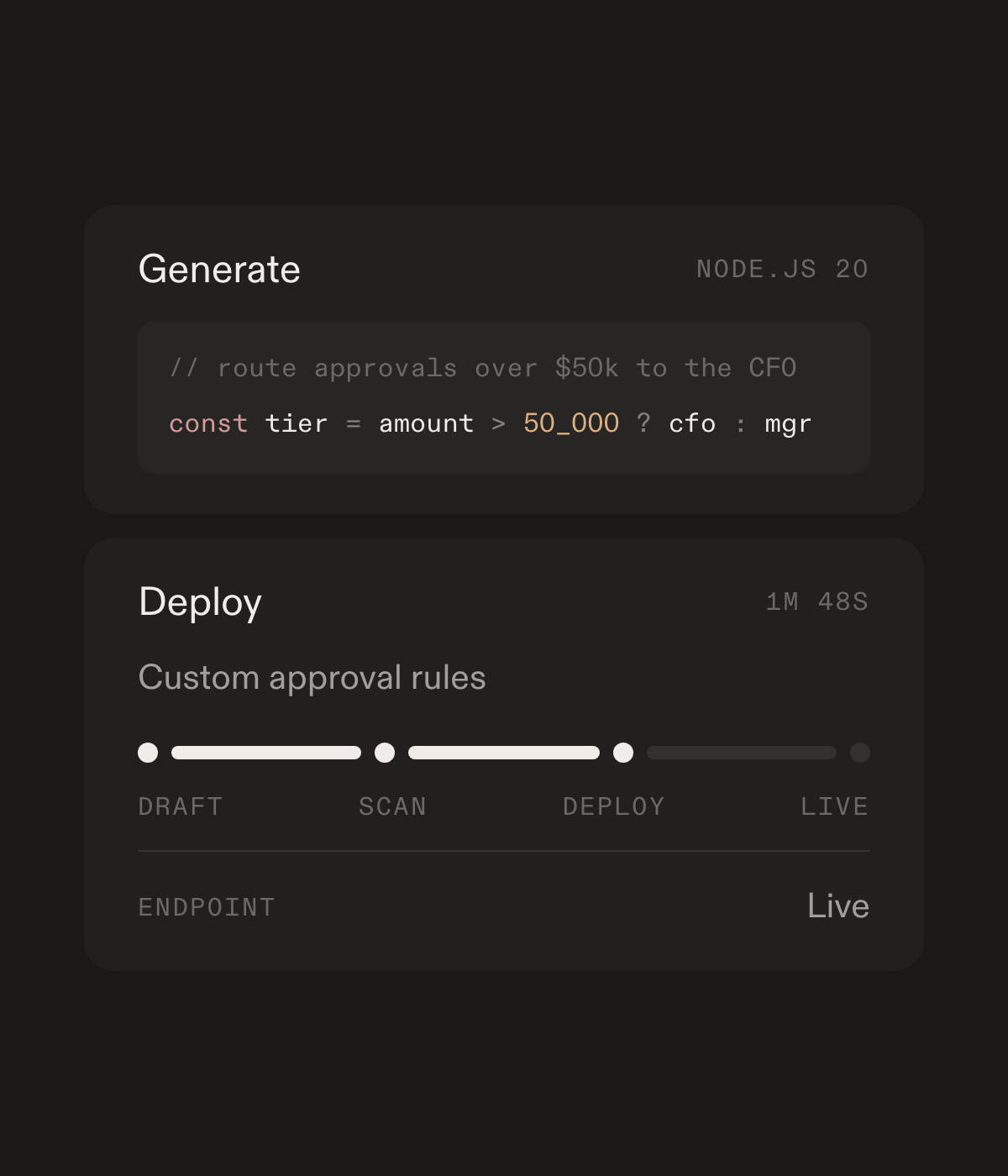 Generating a bridge from a description, then deploying it through draft, scan and live