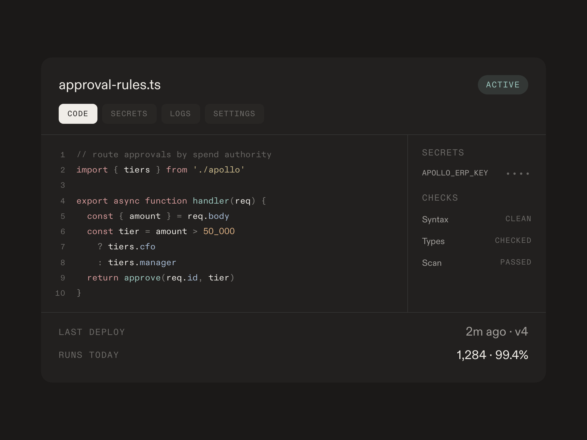 The bridge editor: numbered TypeScript for a customer approval rule, with the secret it references, syntax, type and scan checks, and its deploy and run history in the same panel