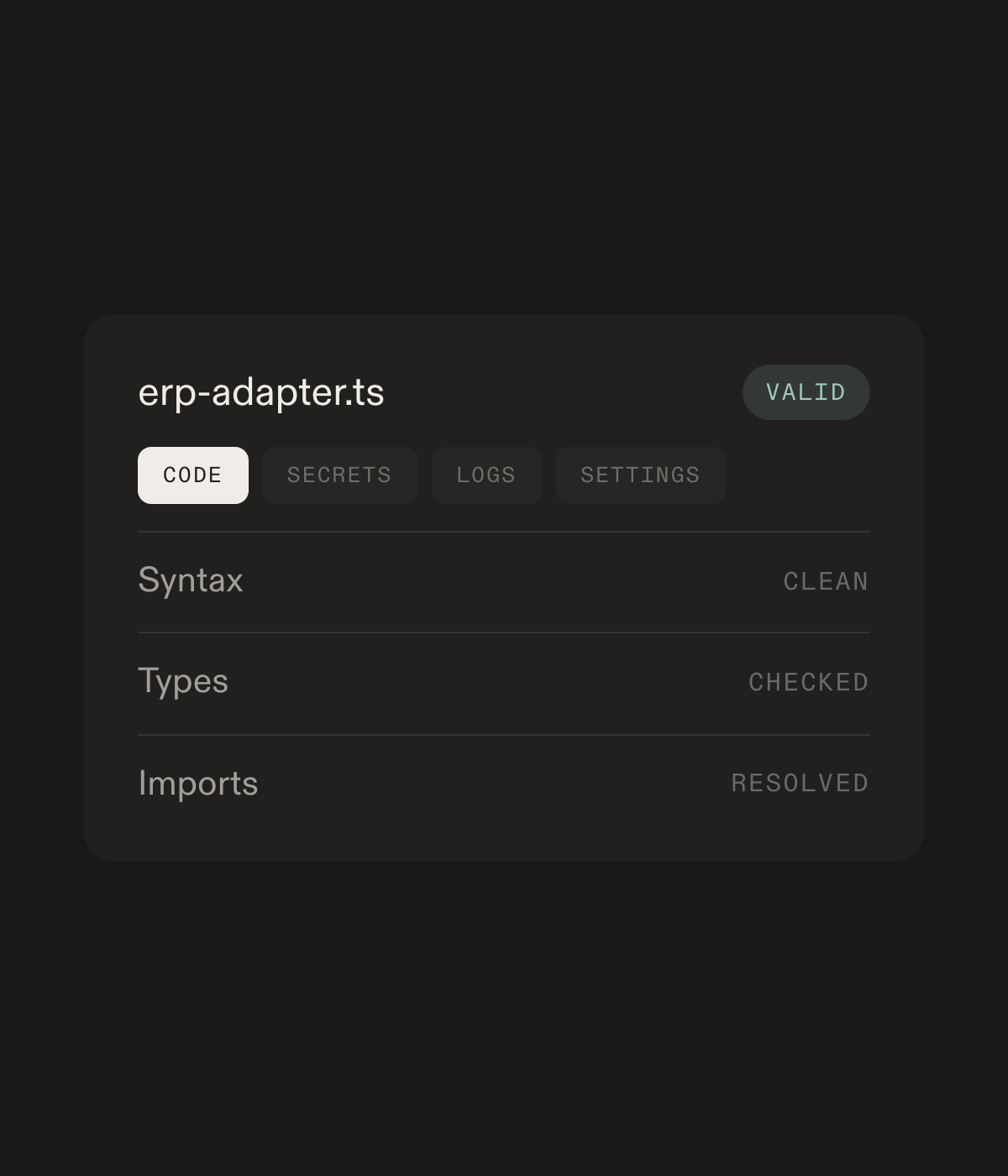 The editor's code, secrets, logs and settings tabs for an ERP adapter, with syntax, types and imports all validating clean