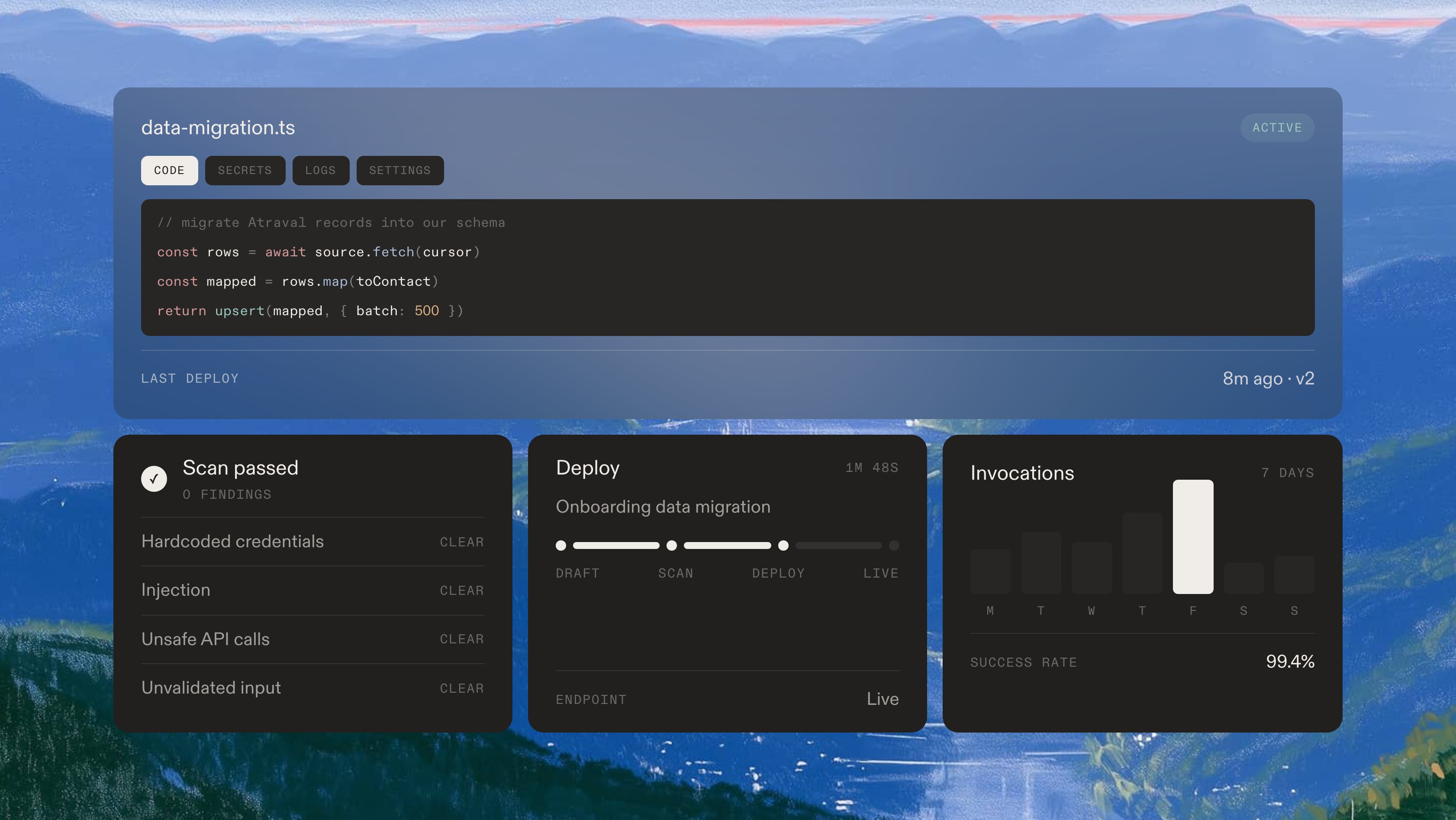 A customer data migration bridge in the editor, above its passed security scan, its deploy pipeline and seven days of invocation volume