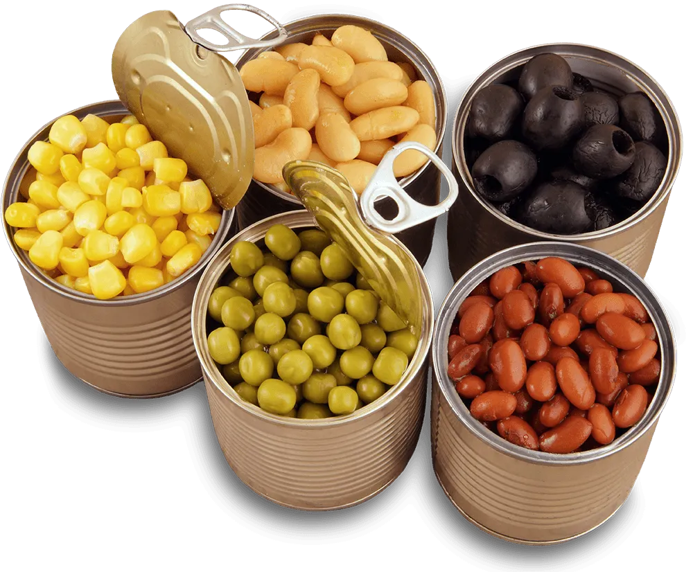An assortment of shelf-stable canned goods from a Fuel Pack